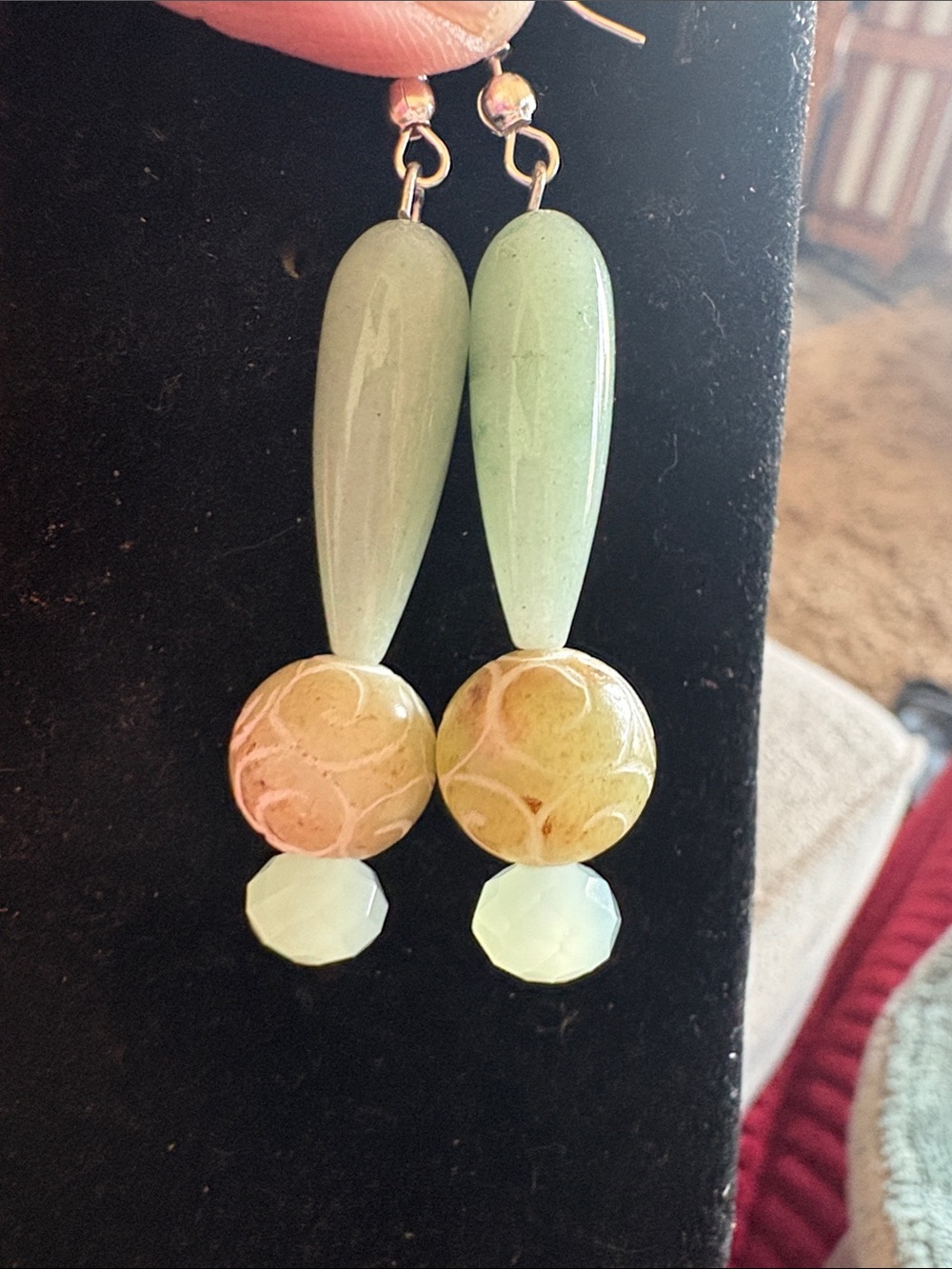 Handcrafted Teal and Cream Carved Stone Drop Bead Earrings - Unbranded